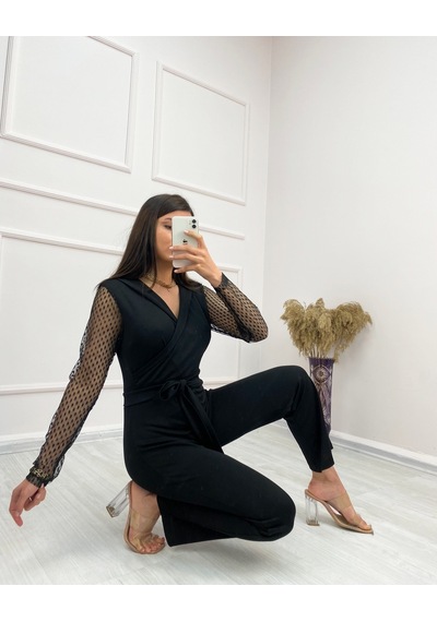Laraa Giyim - Krep Kumaş Kol Tül Puan Detaylı Kuşaklı Tulum 141 CM - 47498 001