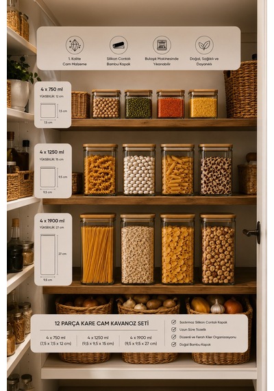 Porsima 12'li Kare Bambu Ahşap Kapaklı Cam Kavanoz Seti 1900 Ml, 1250 Ml, 750 Ml Erzak & Baharatlık Bambu - Şeffaf