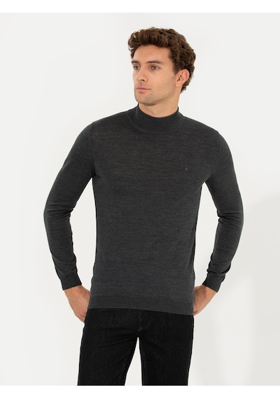 Cacharel Antrasit Melanj Slim Fit Yarım Balıkçı Basic Triko Kazak Gri