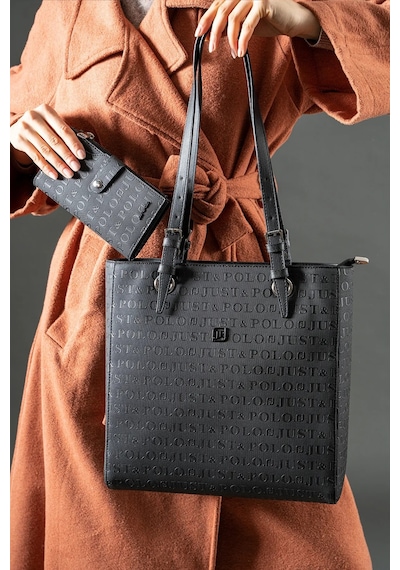 Just Polo Kadın Gofraj Baskılı Büyük Boy El Çantası Ve Cüzdanı Kombin 4067mh Siyah 53721753