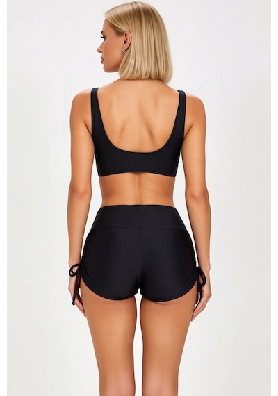 Benerly Kadın Şort Bikini Takımı V Yaka Kolsuz Bralette Üst Yüksek Bel Dü Siyah