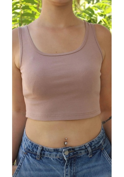 Afri Kadın Sütlü Kahve Basic Ribana Atlet Crop Likralı Spor Üst Sütlü Kahverengi