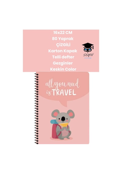 16x22 Cm 80 Yaprak Çizgili Karton Kapak Telli Defter Gezginler Keskin Color Pembe