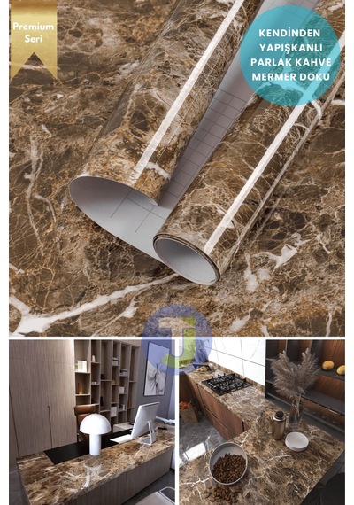 Technojet Kendinden Yapışkanlı Mermer Desen Folyo Mutfak Banyo Tezgah Duvar Kaplama 60cmx300cm Kahverengi