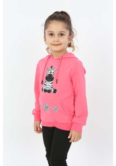 Toontoy Kız Çocuk Yıldızlı Zebra Baskılı Kapüşonlu Sweatshirt Fuşya