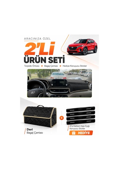 Hyundai Tucson 2018-2021 Uyumlu Torpido Örtüsü + Deri Bagaj Çantası + Sticker Seti - Siyah Bej