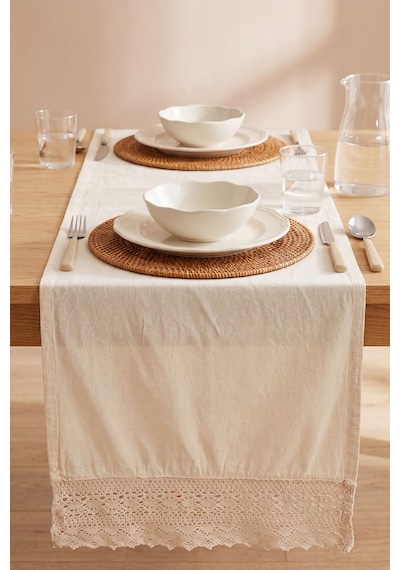 Krem Lacy Pamuklu Dantelli Runner 40x150 Cm
