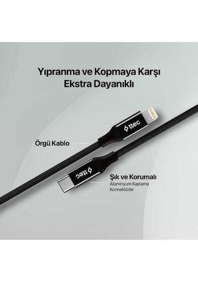 Ttec Type C Apple Uyumlu iPhone 11 12 13 14 Pro Max Lightning Şarj Ve Data Kablosu, Örgü Halat Tipi