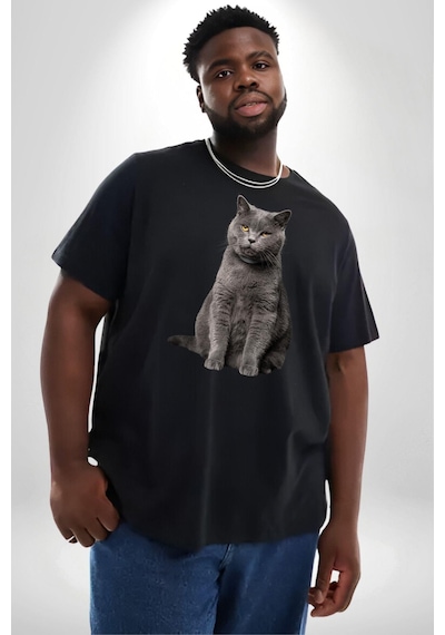 Angemiel British Shorthair Kedi Siyah Büyük Beden Erkek Kadın Unisex Basic Ön Baskılı Tişört Siyah