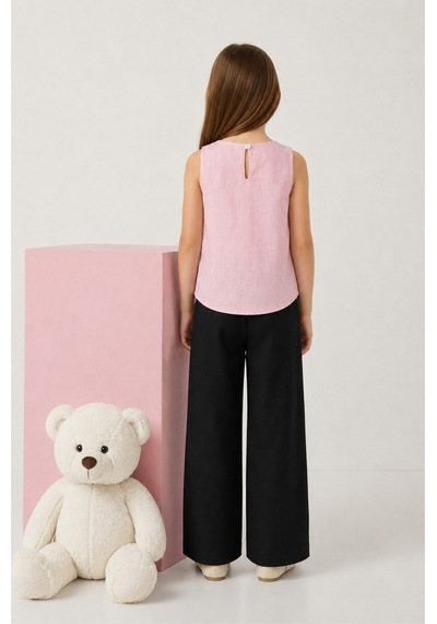 Fesshera Kids Kız Çocuk Asimetrik Kesim Bluz Ve Gül Detaylı Bol Paça Pantolon Takım Şık Kombin Pembe