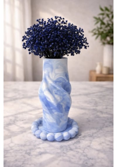Elegant Blue Collection Koyu Çiçekli Vazo Mavi-beyaz