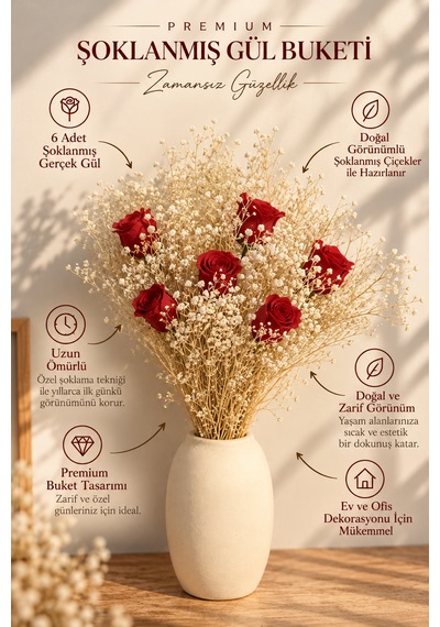 6 Adet Kırmızı Şoklanmış Gerçek Gül Ve Cipso Premium Dekoratif Buket Gül Kırmızısı