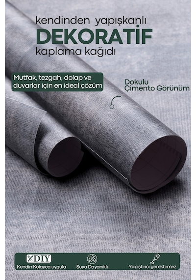 Technojet Kendinden Yapışkanlı Dokulu Çimento Görünümlü Mutfak Duvar Dolap Masa Kaplama 60cmx100cm Antrasit