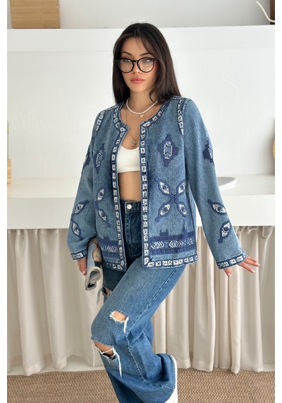 Femelle Etnik Desenli Pul Payet Nakışlı Denim Kot Ceket Vintage Bohem Tarz - 2789 mavi