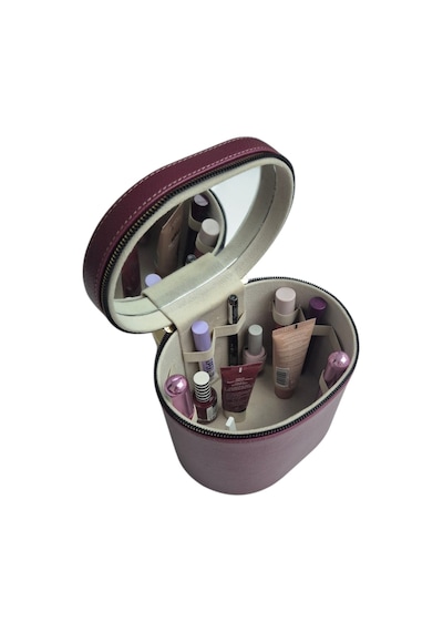 Makyaj Düzenleyici Aynalı Makyaj Çantası Bordo Bölmeli Taşınabilir Kozmetik Organizer 19x15x16 Cm