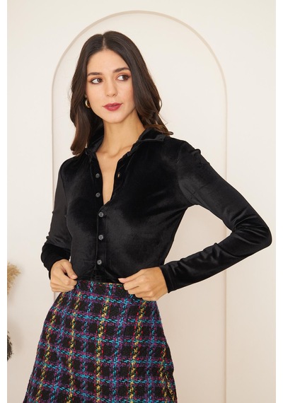 Darlin Moda Kadın Siyah Kadife Uzun Kollu Crop Gömlek Dm9003 Siyah