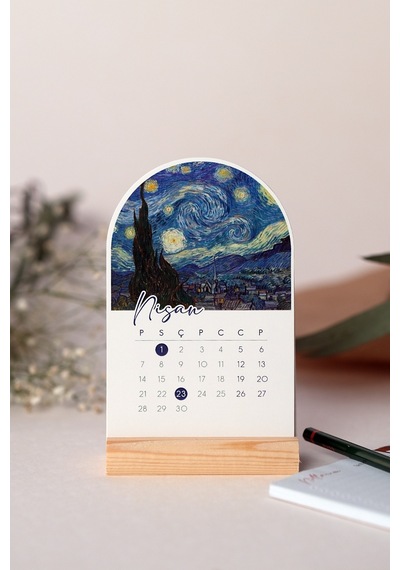 2026 Masa Takvimi - Vincent Van Gogh - Ahşap Ayaklı Stand
