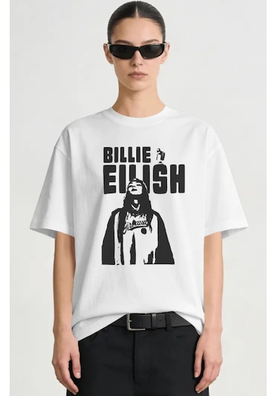 Sevbano Billie Eilish Şarkıcı Baskılı Unisex Oversize Premium Tişört Beyaz