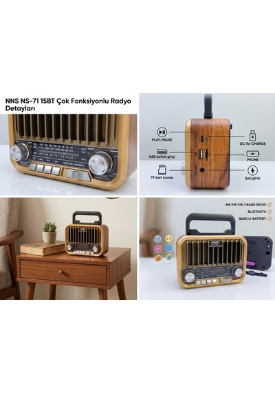 7115bt Nostalji Görünümlü Şarjlı Retro Radyo & Bluetooth Hoparlör Usb/tf Kart Girişli Taşınabilir Müzik Çalar