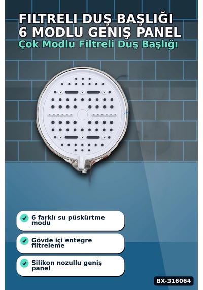 Filtreli Duş Başlığı 6 Modlu Geniş Panel Silikon Nozullu Banyo Duş Başlığı Beyaz Bx-316064 Diğer