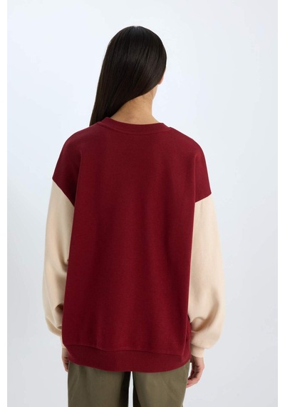 DeFacto Oversize Geniş Kalıp Bisiklet Yaka Baskılı Kalın Sweatshirt E3228AX24WNBR169