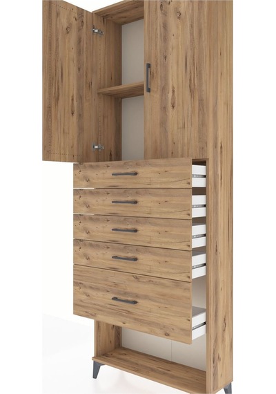 Arges Dolap 2 Raflı 5 Çekmeceli 2 Kapaklı 88x30x243 Çam-çam Atlas Çam