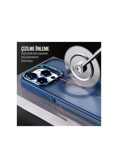 iPhone Uyumlu 14 Plus / 15 Plus Kamera Koruma Stantlı Magsafe Destekli Lens Koruyucu Telefon Kılıfı Lacivert