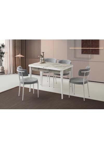 Rambla Ahşap Salon Yemek Masa Takımı 4 Gözde Sandalye Ortadan Açılır Mermer Desen 90x160 Gri Rambla Ahşap Salon Yemek Masa Takımı 4 Gözde Sandalye Ortadan Açılır Mermer Desen 90x160 Gri