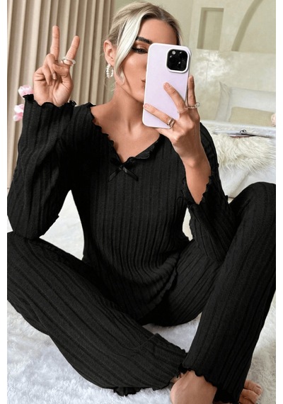 Moda Dua Kadın Siyah Uzun Kollu Fiyonklu Yuvarlak Yaka Mevsimlik Pijama Takımı