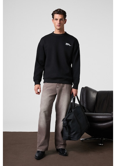 Grimelange Ernest Erkek Organik Pamuklu Yumuşacık Baskı Detaylı Bisiklet Yaka İçi Polarlı Siyah Sweatshirt