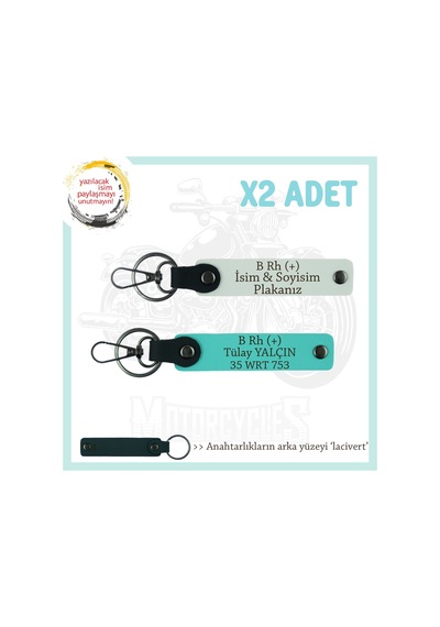 Motor Severler İçin, İsim Plaka Ve B Rh + Kan Grubu X2' Li Anahtarlık, Hediye , Beyaz-turkuaz-laci Çok Renkli