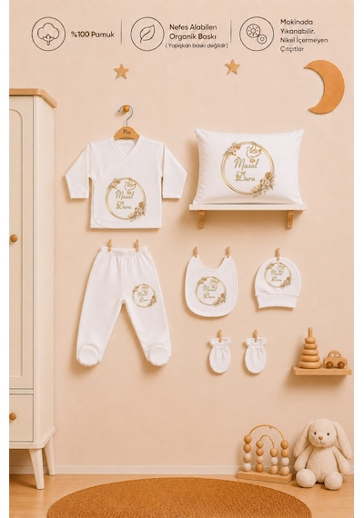 Pia Baby Hastane Çıkışı Kız Bebek 7 Parça Zıbın Seti %100 Pamuk İsme Özel 1081zyb3x Ekru