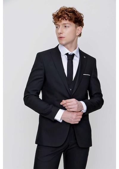 Morven Siyah Yelekli Jakarlı Slim Fit Dar Kesim 6 Drop Erkek Takım Elbise Siyah