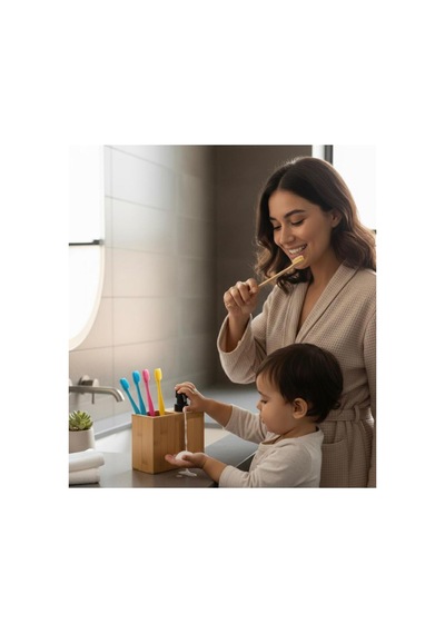 Bambu Banyo Seti Sıvı Sabunluk Ve Diş Fırçalık Seti Mat Siyah Detaylı Doğal Bambu