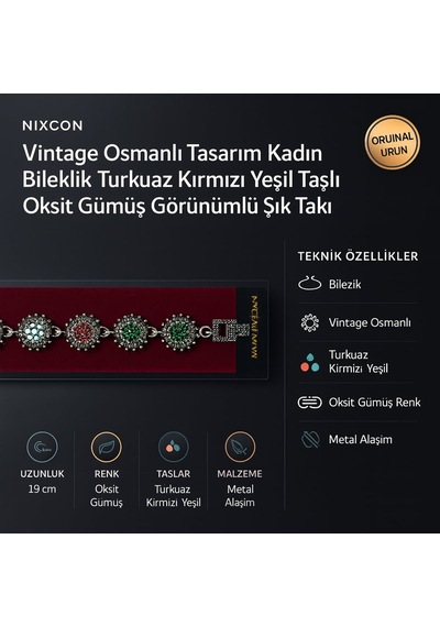 Vintage Osmanlı Tasarım Kadın Bileklik Turkuaz Kırmızı Yeşil Taşlı Oksit Gümüş Görünümlü Şık Takı Antik Gümüş