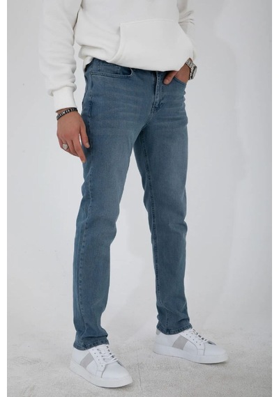 HLT Jeans Erkek Mavi Yıkamalı Regular Fit Boru Paça Likralı Jean Kot Pantolon Franz