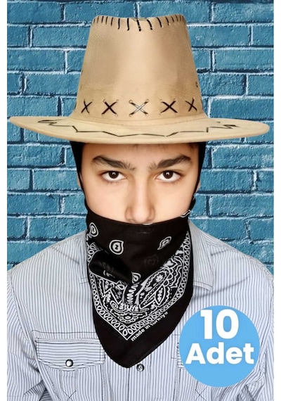Uniquetrenders Çocuk Unisex Bandanalı 10'lu Nubuk Kovboy Şapkası 8-14 Yaş Koyu Bej 3