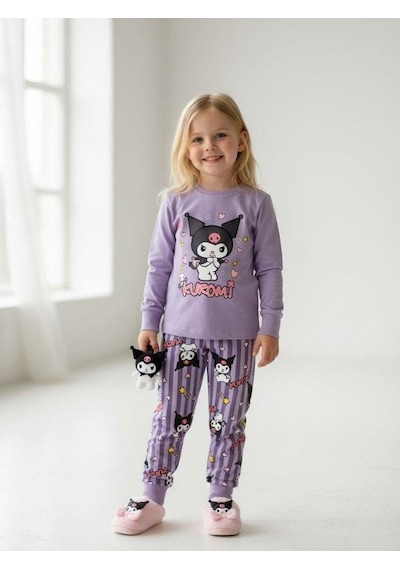 Kız Çocuk Pamuklu Baskılı Pijama Takımı-16830 Mor