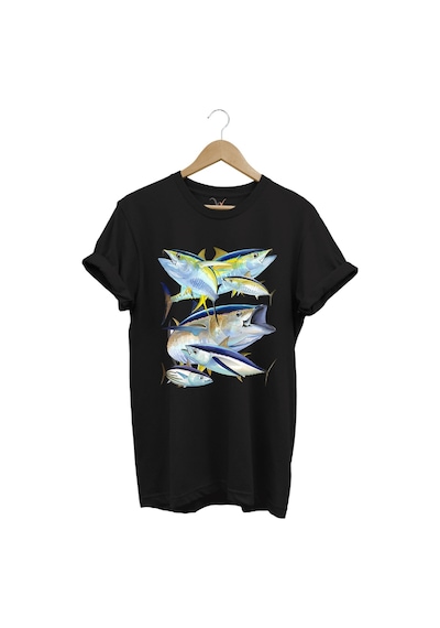 Balık Desenli Gümüş Balığı Baskılı %100 Pamuk Regular Fit Bisiklet Yaka Siyah T-shirt Siyah