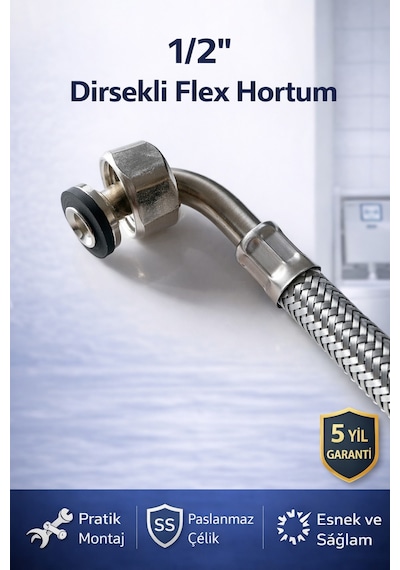 Gömme Rezervuar Fleks Hortum Dirsekli 3/8 X 1/2 Çelik Örgülü Bağlantı Hortumu 28 Cm Gri