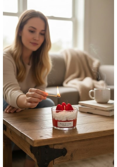 Kremalı Çilekli Vanilya Kokulu Strawberry Cream Candle Soya Mum Kırmızı