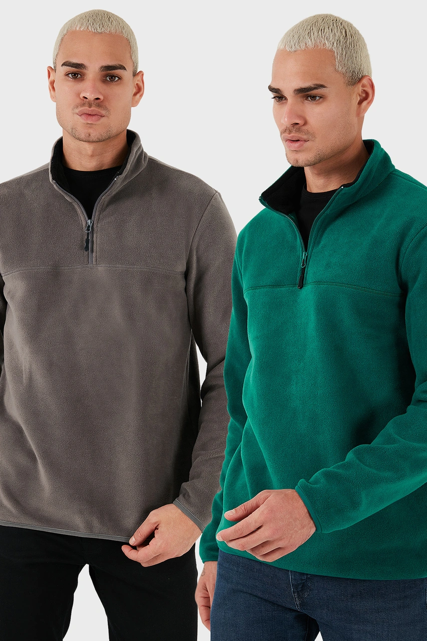 Buratti Regular Fit Anti-Pilling Tüylenme Yapmayan Dik Yaka Şardonlu 2'Li Paket Erkek Polar 5896700S2 Antrasit-Yeşil