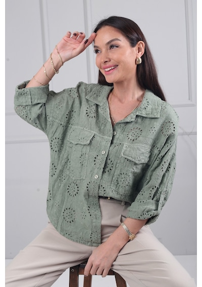 By Saygı Kadın İtalyan Yonca Desen Kabartmalı Nakış Oversize Keten Gömlek Haki