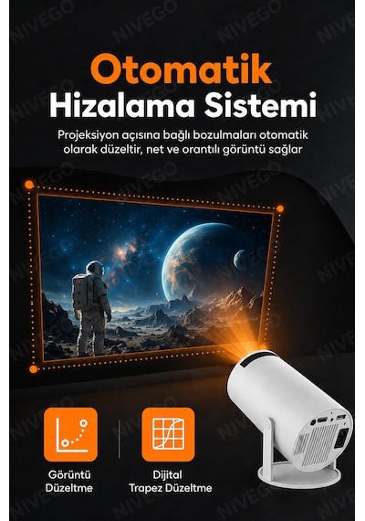 Nivego Kablosuz Projeksiyon Cihazı 130 İnç Destekli Android Uyumlu Mini Projektör Wifi Ekran Yansıtma Ev Sinema Cihazı