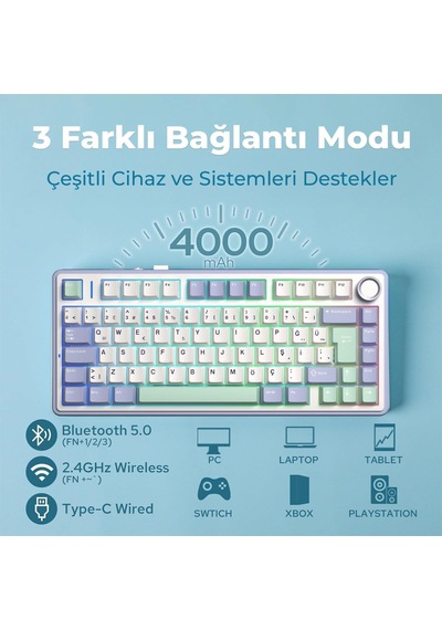 F75 Mekanik Rgb Tkl Graywood V4 Switch Kablosuz Makrolu Hot Swap Türkçe Q Klavye Pastel