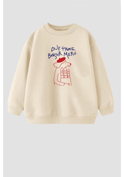 Monila Unisex Çocuk Baskılı 3 İplik Pamuklu Kumaş Sweatshirt Taş