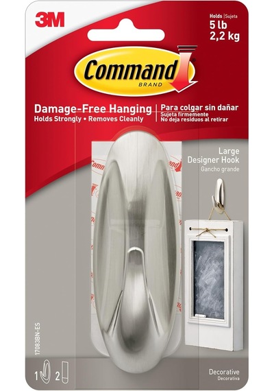 Command Büyük Tasarımcı Kanca, 5 Lbs'ye Kadar Tutar, 2 Command Şeritli 1 Duvar Kancası, Fırçalanmış Nikel Rengi, Yaşam Alanlarında Süslemeleri Asmak İçin Hasarsız Asma Kancaları 100
