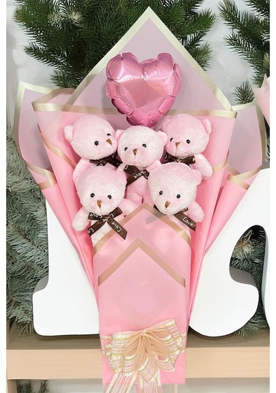 Sole Sevgiliye Özel Pembe Konsept Balonlu Romantik Peluş Ayıcık Buketi
