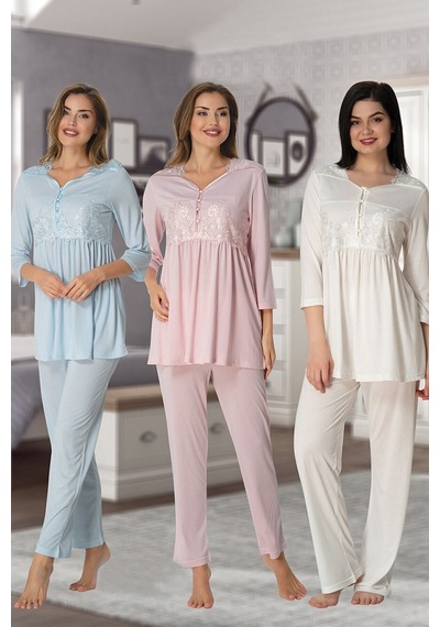 Effort Pijama Effort Kadın Mavi Dantel Detaylı Lohusa Hamile Pijama Takımı 3011 Mavi