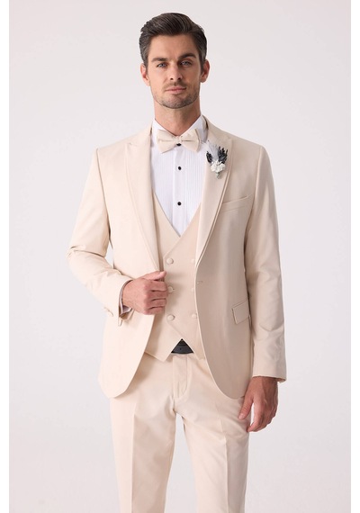 Ysf Erkek Slim Fit Sivri Yaka Yelekli Damatlık Bej